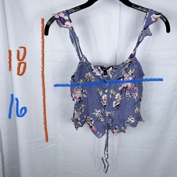 Express Tank Top Ruched Ruffle Flutter Sleeves Round Hem Dotted Floral Crop Tank - Picture 3 of 9